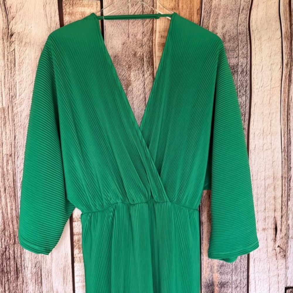 Anthropologie‎ Dress Plissé Faux-Wrap Kimono Sleeve Green Maxi Boho Glam XL NWT - Picture 3 of 10
